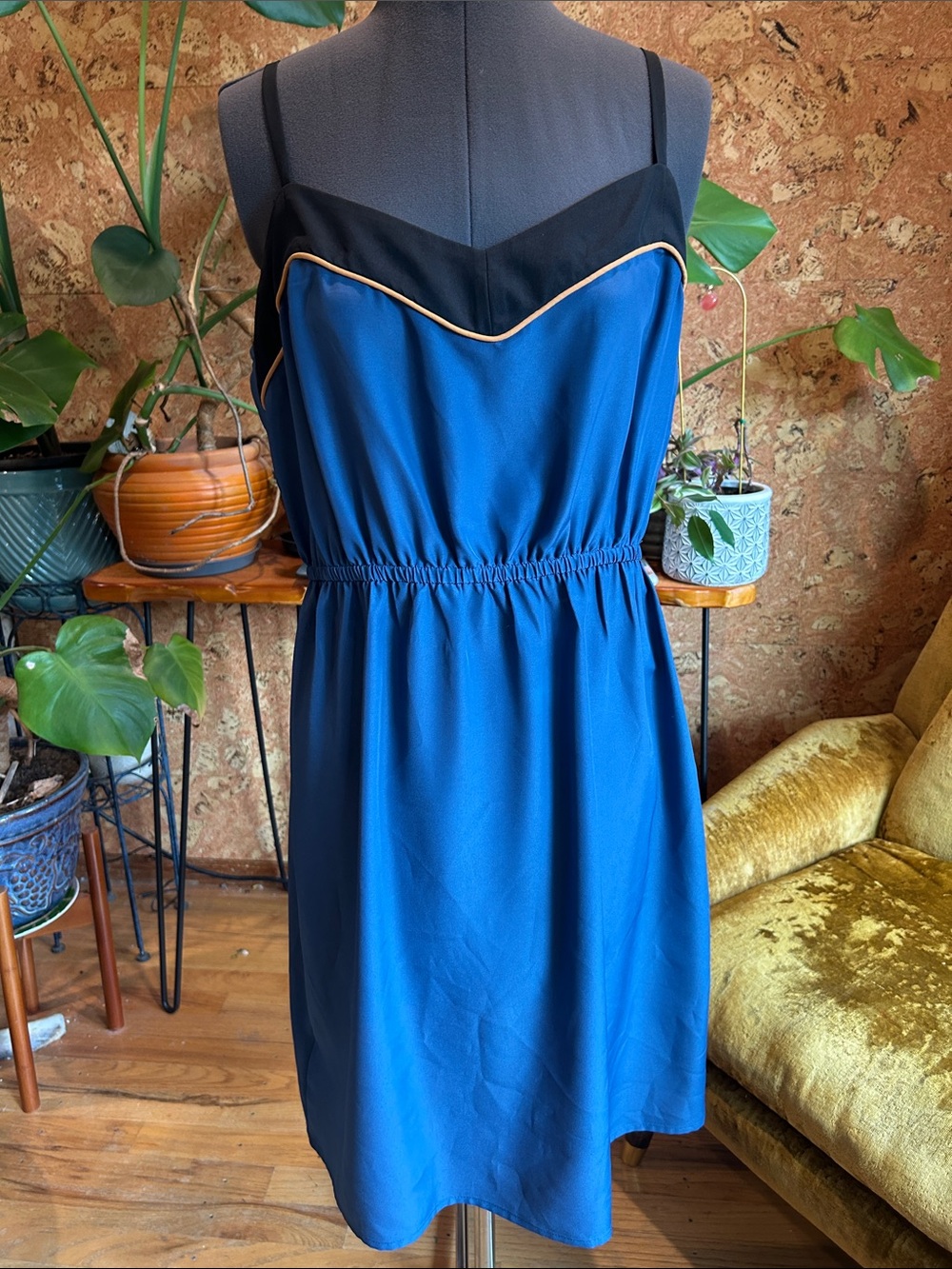 LOFT Royal Blue Mini Slip Dress with Black Yoke and Gold Piping